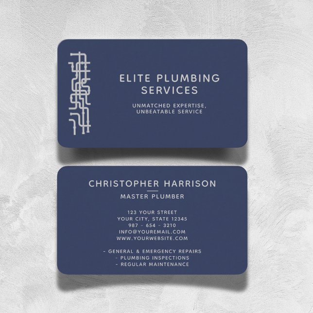 Plumbing Repair Service Water Pipes Navy Modern Business Card (Creator Uploaded)