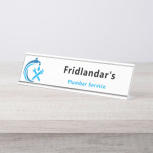 Plumbing Service Blue Water Drop Logo Plumber Desk Name Plate