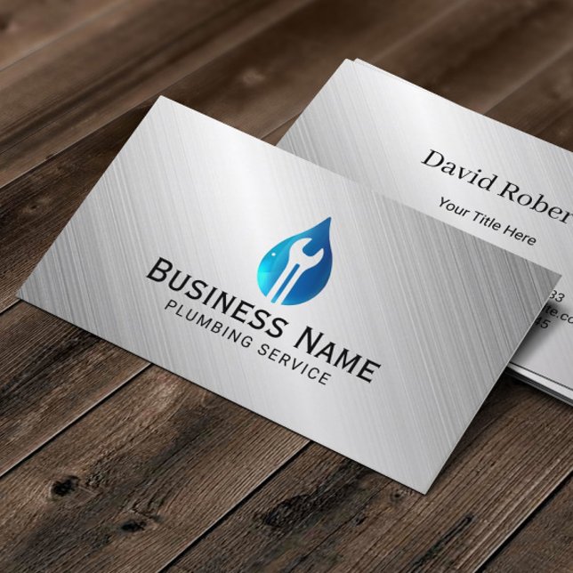 Plumbing Service Water Drop Tool Logo Metal Business Card (Creator Uploaded)