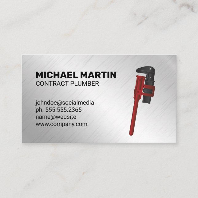 Plumbing Wrench | Aluminium Metallic Background Business Card (Front)