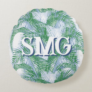 Plume Palm Fronds in Slate + Green Personalised Round Cushion