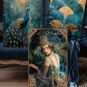 Plume Royal Peacock Gold Moon Art Deco Teal Wrapping Paper Sheet