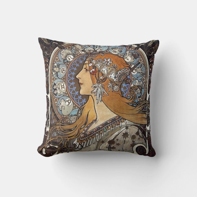 Plume Zodiac Woman by Alphonse Mucha – Art Nouveau Cushion (Front)