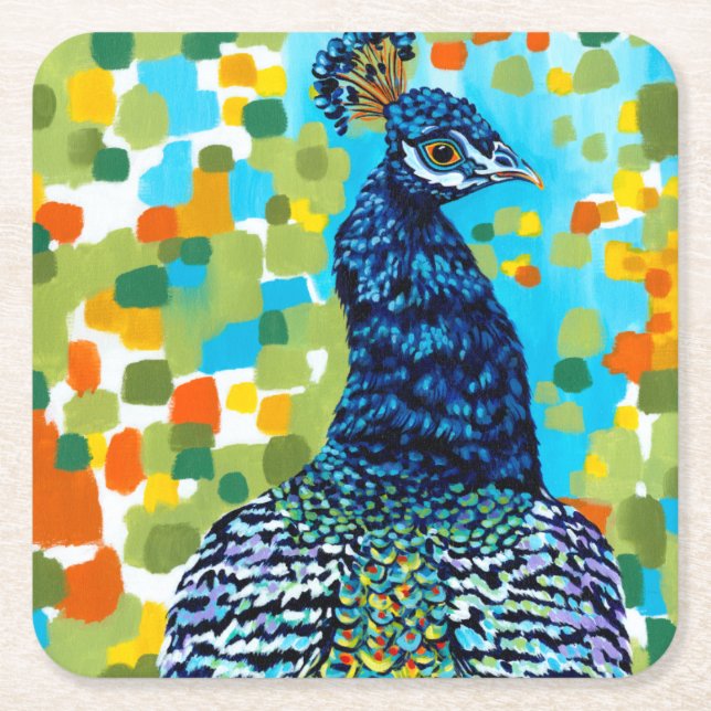 Plumed Peacock II Square Paper Coaster (Front)