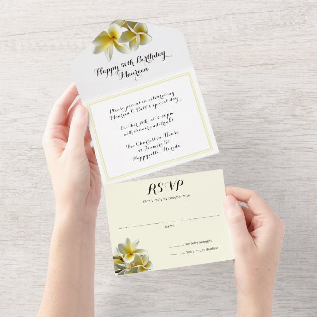 Plumeria Birthday Party Yellow All In One Invitation (Tearaway)