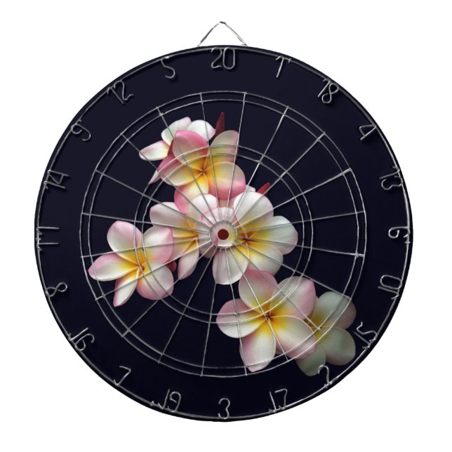 Plumeria blossoms on dark blue dartboard (Front)
