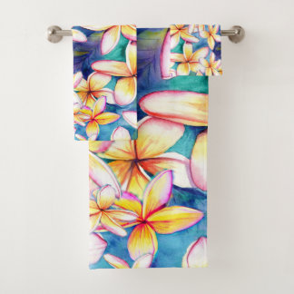 Plumeria Blossoms with Blue Hawaii Bath Towel Set