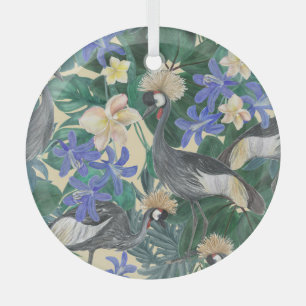 Plumeria Blue Flowers, Watercolor Seamless. Glass Tree Decoration
