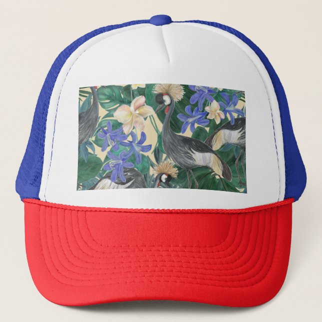 Plumeria Blue Flowers, Watercolor Seamless. Trucker Hat (Front)