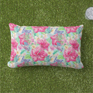Plumeria Chinese Hibiscus Foliage Butterflies Lumbar Cushion