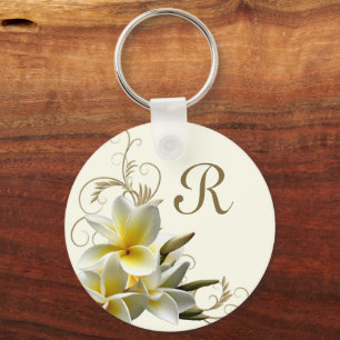 Plumeria Flourish Monogram Initial Key Ring
