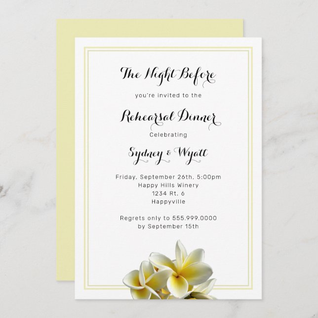Plumeria Flower Yellow Rehearsal Dinner Invitation (Front/Back)