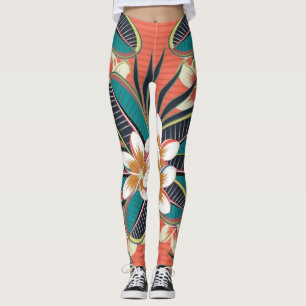 Plumeria Flowers Blue Beige Green Colours Leggings