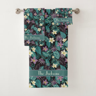 Plumeria Flowers Emerald Green Tropical Leaves Bath Towel Set