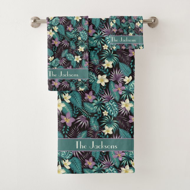 Plumeria Flowers Emerald Green Tropical Leaves Bath Towel Set (Insitu)