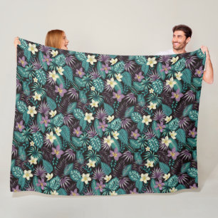 Plumeria Flowers Emerald Green Tropical Leaves  Fleece Blanket