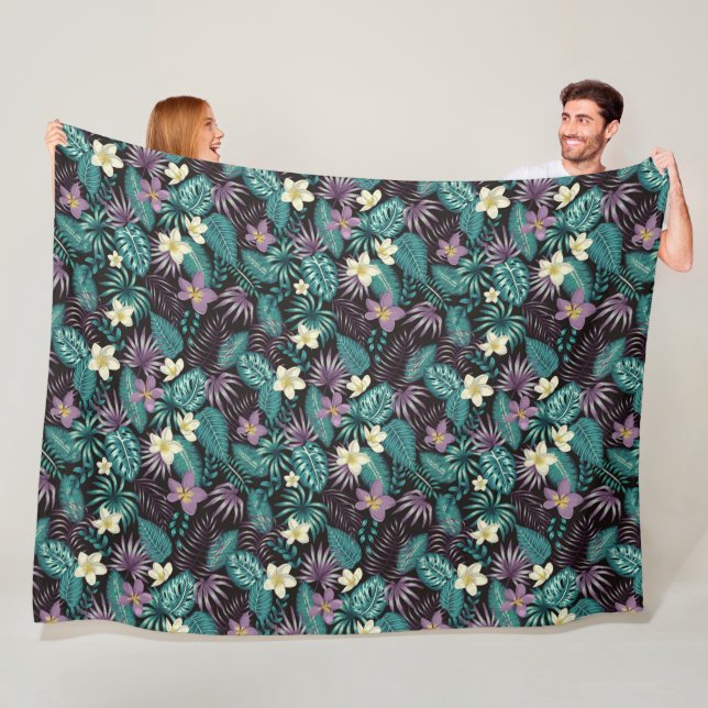 Plumeria Flowers Emerald Green Tropical Leaves  Fleece Blanket (In Situ)