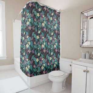 Plumeria Flowers Emerald Green Tropical Leaves  Shower Curtain