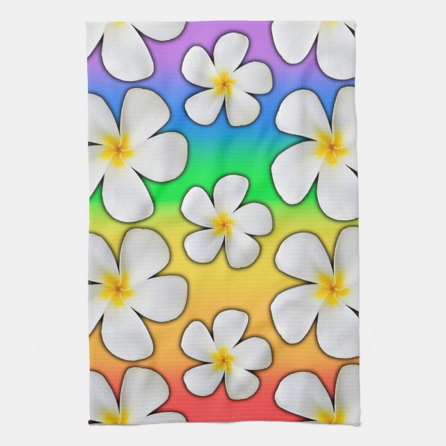 Plumeria Flowers of Hawaii on Rainbow Colours Tea Towel (Vertical)