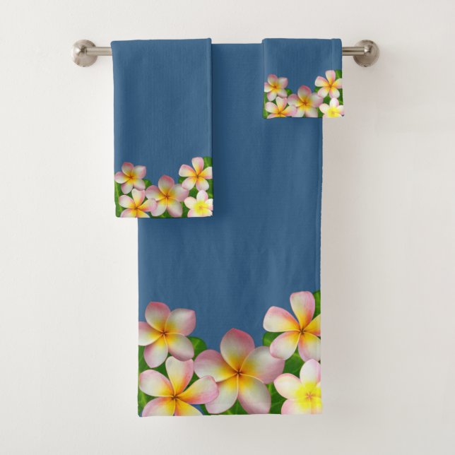 Plumeria Flowers on Award Blue Bath Towel Set (Insitu)