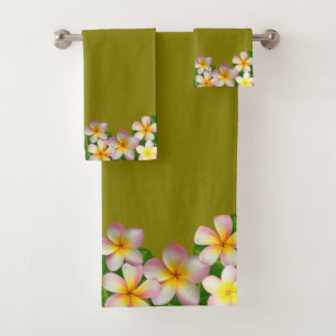 Plumeria Flowers on Beige Bath Towel Set