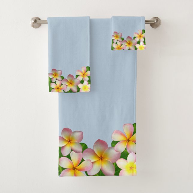 Plumeria Flowers on Light Blue Bath Towel Set (Insitu)