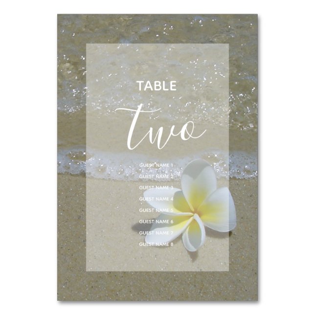 Plumeria Frangipani On Sand Wedding Guest Names Table Number (Front)