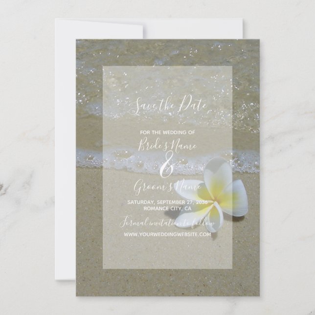 Plumeria Frangipani On Sand Wedding Save The Date (Front)