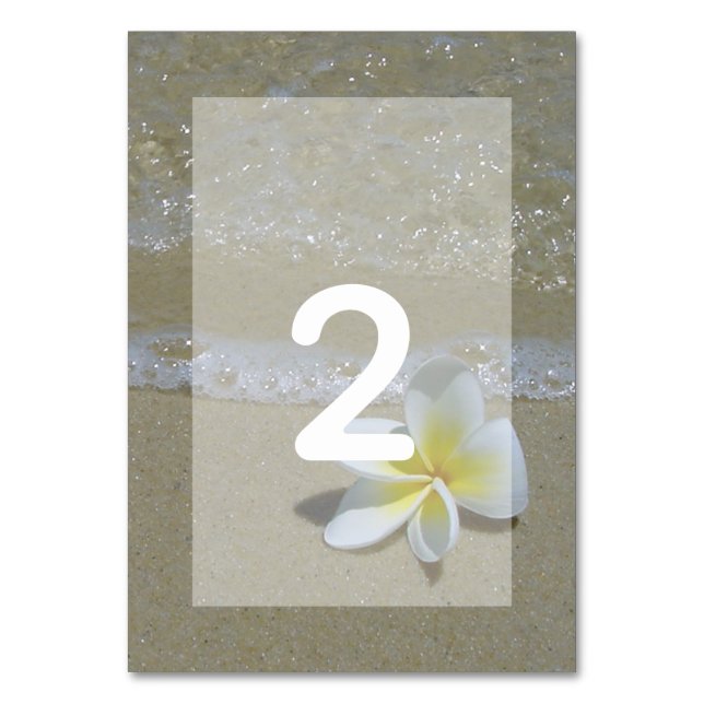 Plumeria Frangipani On Sand Wedding Table Number (Front)