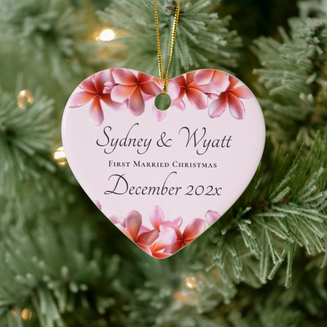 Plumeria Hawaiian Heart First Christmas Married Ceramic Ornament (Tree)