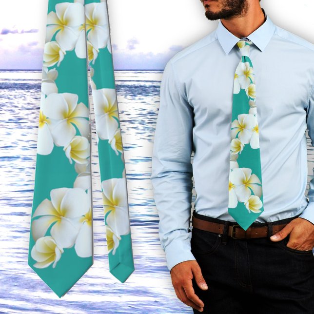 Plumeria Lagoon Blue-Green Hawaiian Flowers Tie (Creator Uploaded)