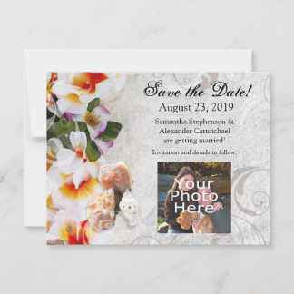 Plumeria Orchid Lei in Sand Photo Save the Date