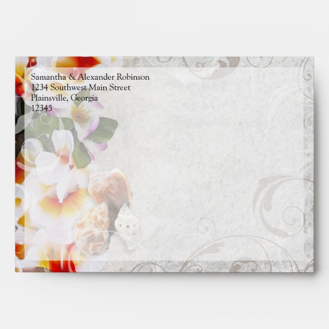 Plumeria Orchid Lei in the Sand Beach Wedding Envelope (Front)