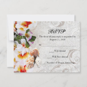 Plumeria Orchid Lei in the Sand RSVP Beach Wedding Card