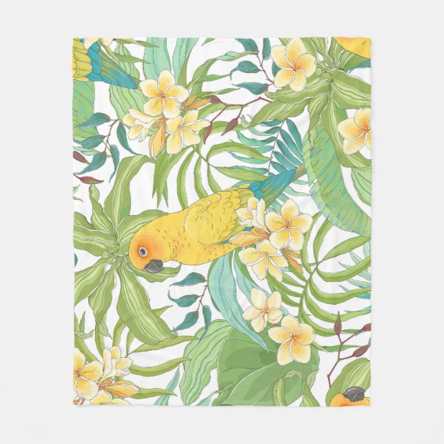 Plumeria, Parrot, Vintage Floral Pattern. Fleece Blanket (Front)