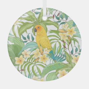 Plumeria, Parrot, Vintage Floral Pattern. Glass Tree Decoration