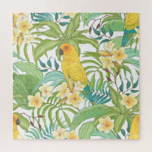 Plumeria, Parrot, Vintage Floral Pattern. Jigsaw Puzzle