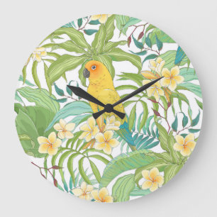 Plumeria, Parrot, Vintage Floral Pattern. Large Clock