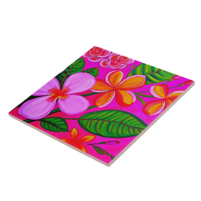 Plumerias on Pink Ceramic Tile (Side)