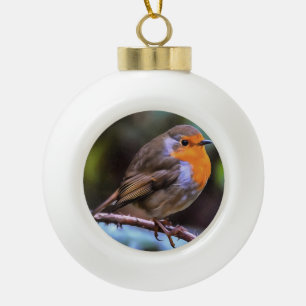 Plump Robin Perched On A Branch Wildlife Art Ceramic Ball Christmas Ornament