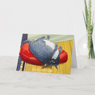 Plump Tuxedo cat upside down Christmas edition Holiday Card