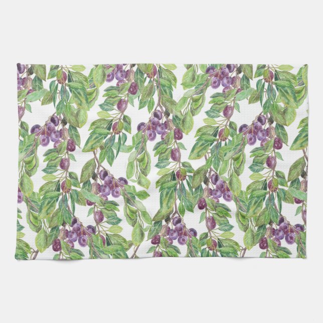 Plums watercolor pattern tea towel (Horizontal)