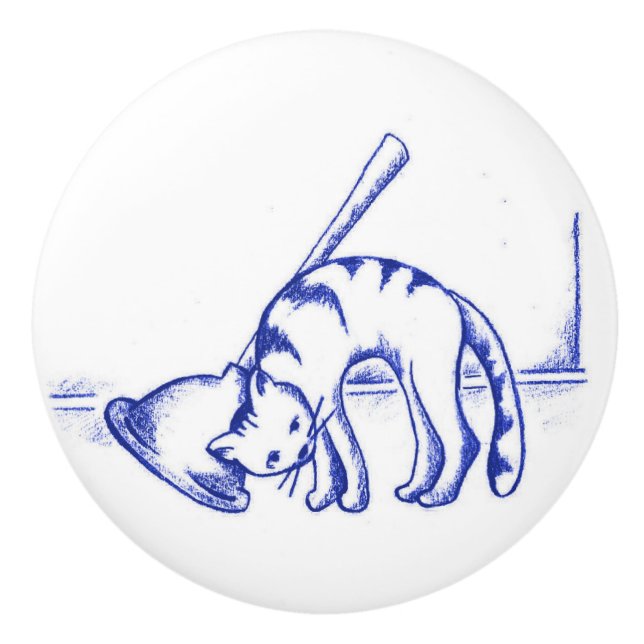 Plunger Rubbing Kitty Cat Bathroom Toile Look Ceramic Knob (Front)
