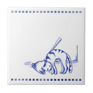 Plunger Rubbing Kitty Cat Bathroom Toile Look Ceramic Tile