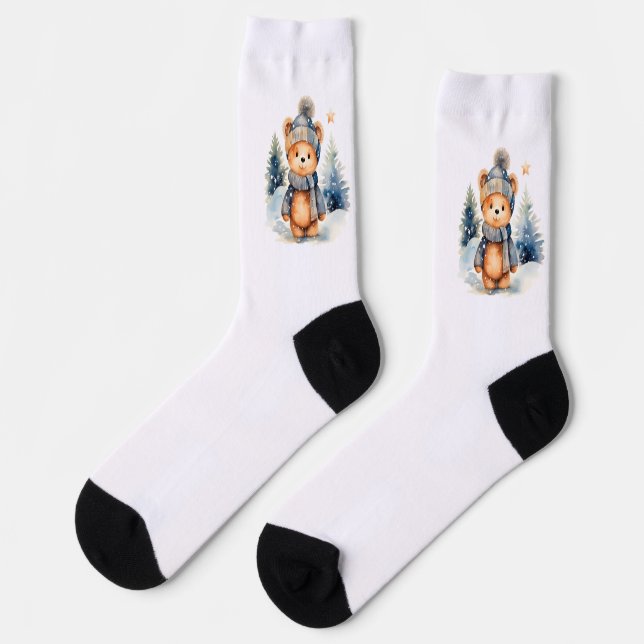 Plush bear in the forest, personalized socks (Left)