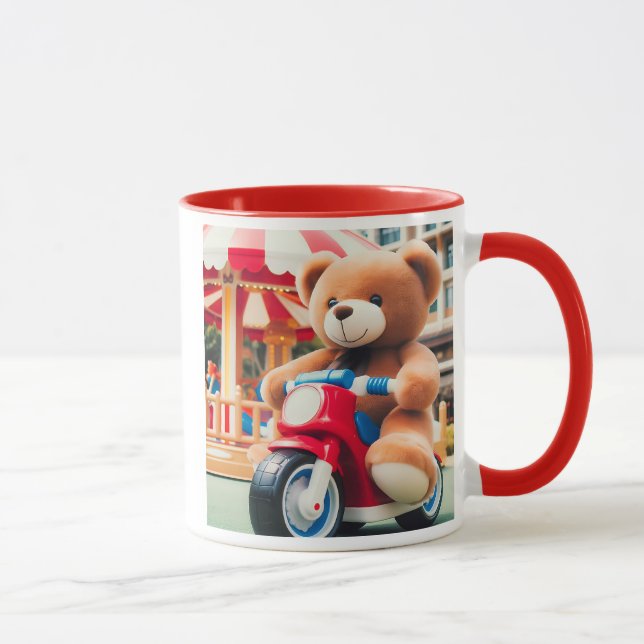 Plush bear on a red motorcycle toy. mug (Right)