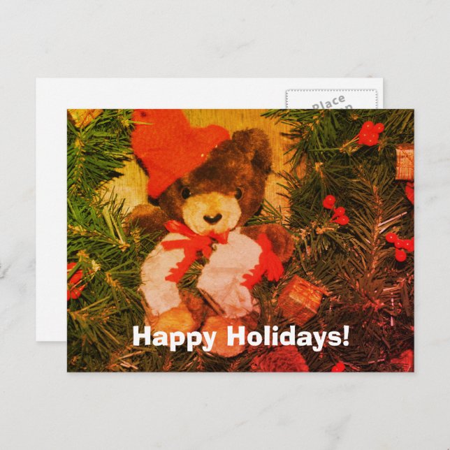 Plush Bear On Wreath Christmas Holiday Postcard (Front/Back)