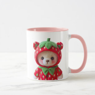 Plush bear with hood disguised as strawberry. mug
