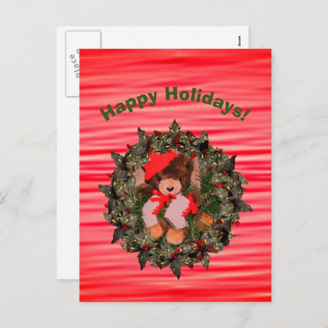 Plush Bear Wreath Christmas Holiday Postcard (Front/Back)