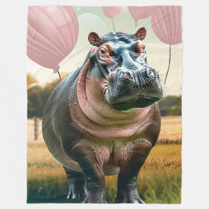 Plush Blanket With Whimsical Hippo & Pink Balloons
